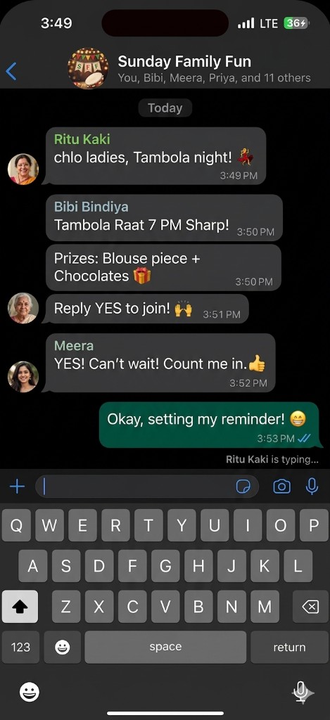 WhatsApp group chat invitation for online Tambola night at 7 PM with join link, perfect for family or kitty party games.