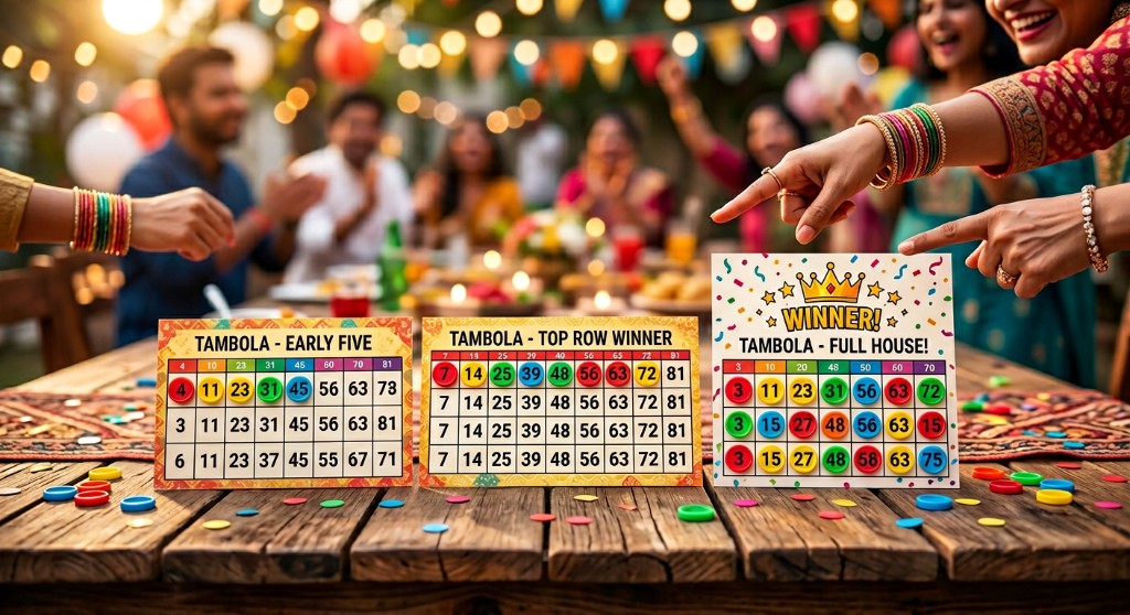 tambola winning patterns on tickets showing early five, top line tambola, and full house marked with dabbers, tambola prize structure