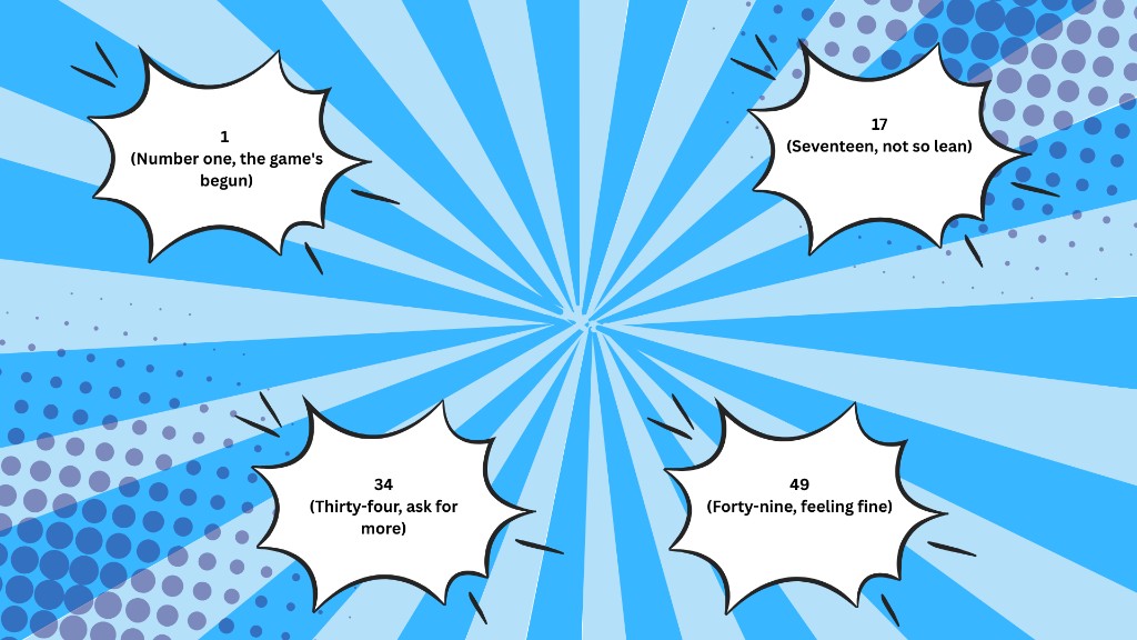 Tambola number calls infographic showing number 1 as “Number one, the game&rsquo;s begun”, 17 as “Seventeen, least”, 34 as “Thirty four for sure”, and 49 as “Forty nine, fine” in colorful comic speech bubbles on a blue gradient background with starburst design.