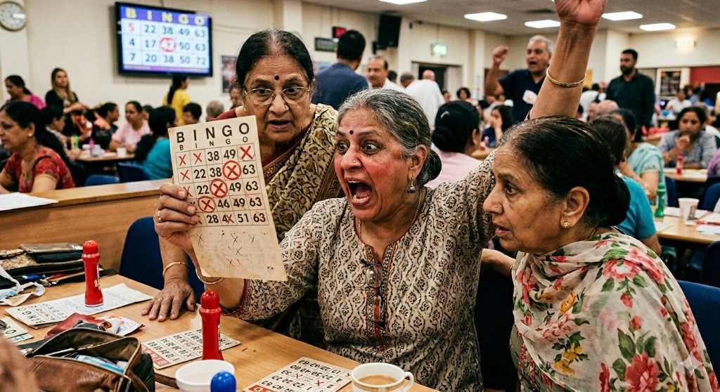 Excited tambola early five winner at Indian kitty party - closeup ticket with first 5 scattered X&rsquo;s circled, shocked player yelling Lines!, aunties peeking over shoulder