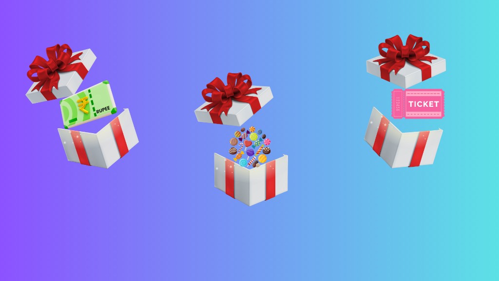 Tambola winning patterns prizes illustration - gift boxes with cash notes, colorful candies, and tambola tickets for kitty party games in India